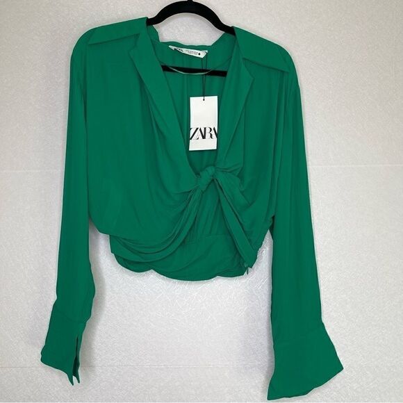 Zara Knotted Long Sleeve Crop Top Green M - Picture 5 of 6